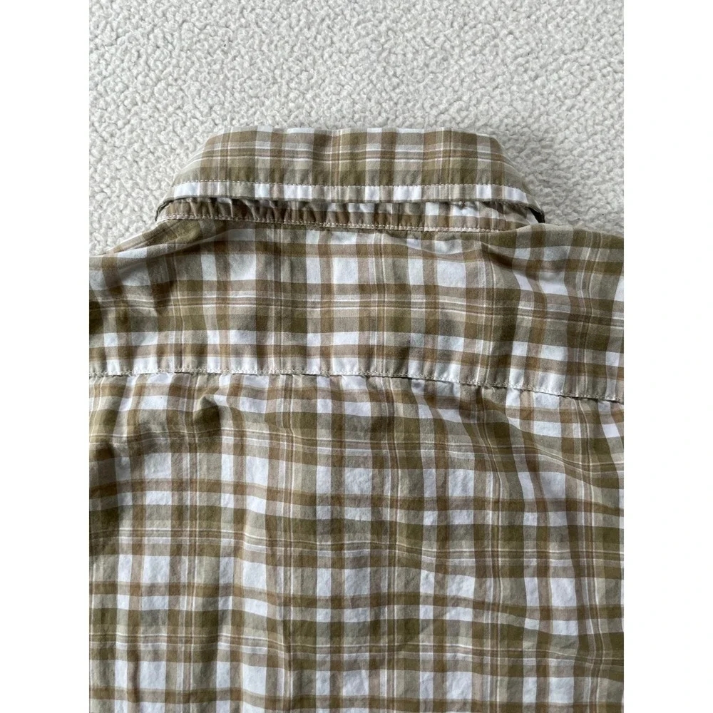 Banana Republic Mens Large Button Down Shirt Tan Plaid Untucked Fit Long Sleeve